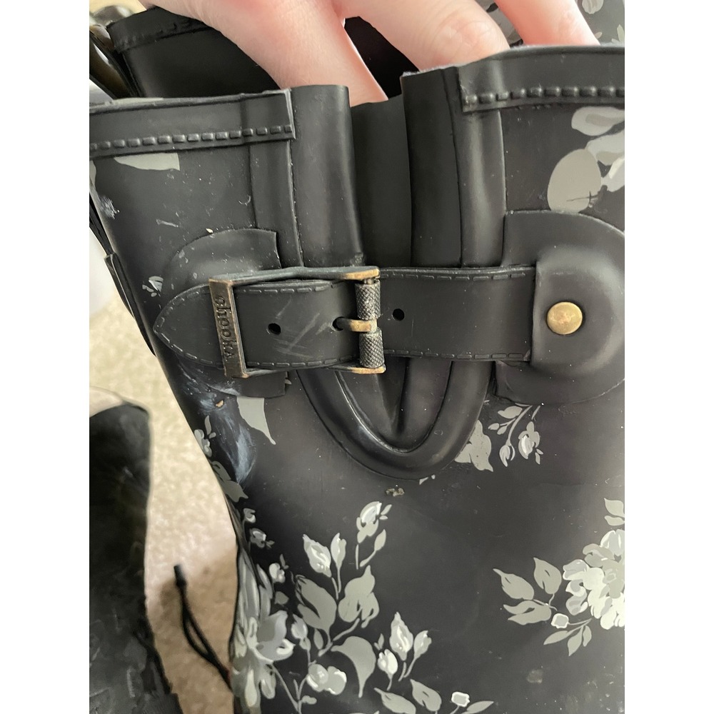 Chooka Abbie Mid Black Floral Rain Boots Womens Size 11 Waterproof Rubber - Picture 4 of 6